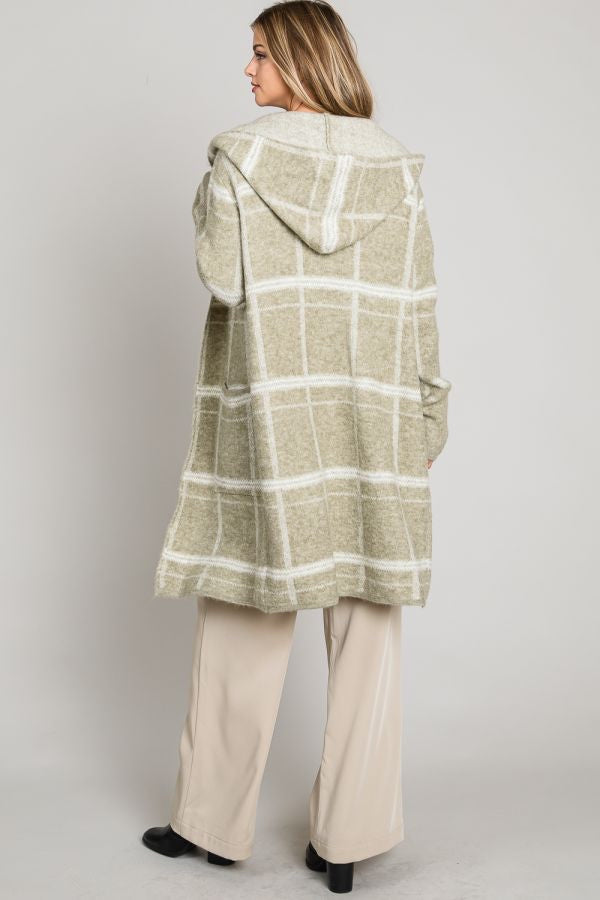 Heather Olive Window Pane Cardigan with Hood