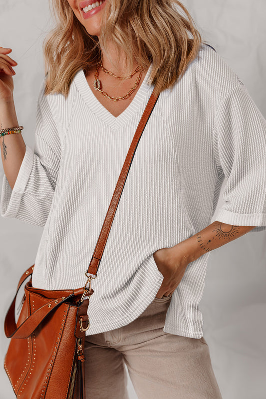 Corded Drop Shoulder 3/4 Sleeve V Neck Top