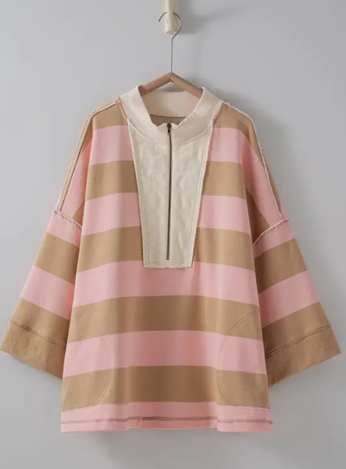 Pink & Brown Stripe Half Zip Pullover