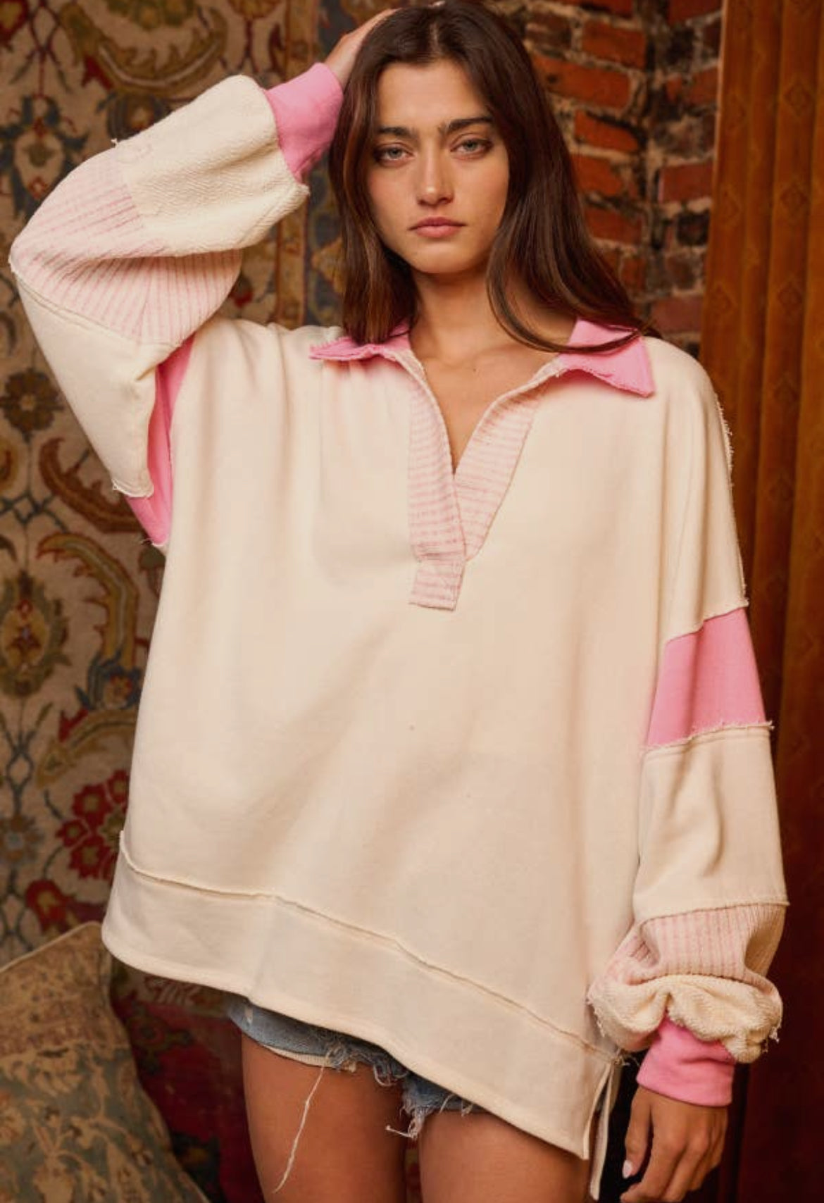 French Terry Loose Top with Pink Accent
