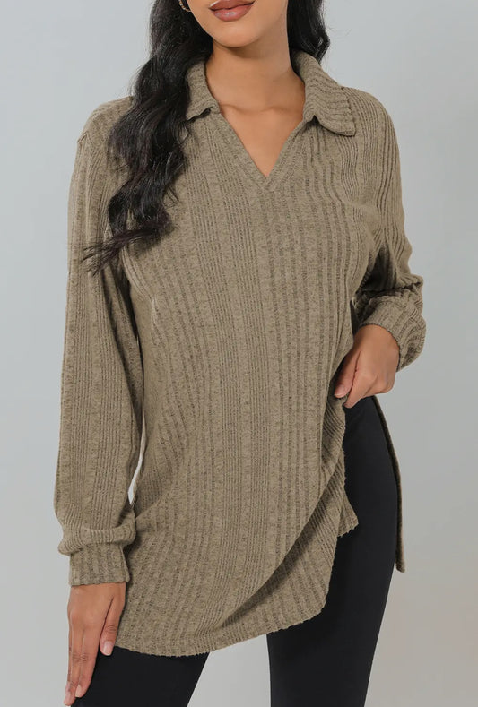 Ribbed Knit V Neck Collared Split Hem Tunic