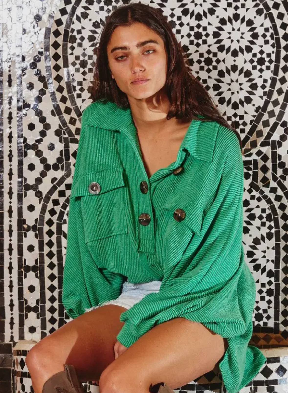Kelly Green French Terry Collared Top