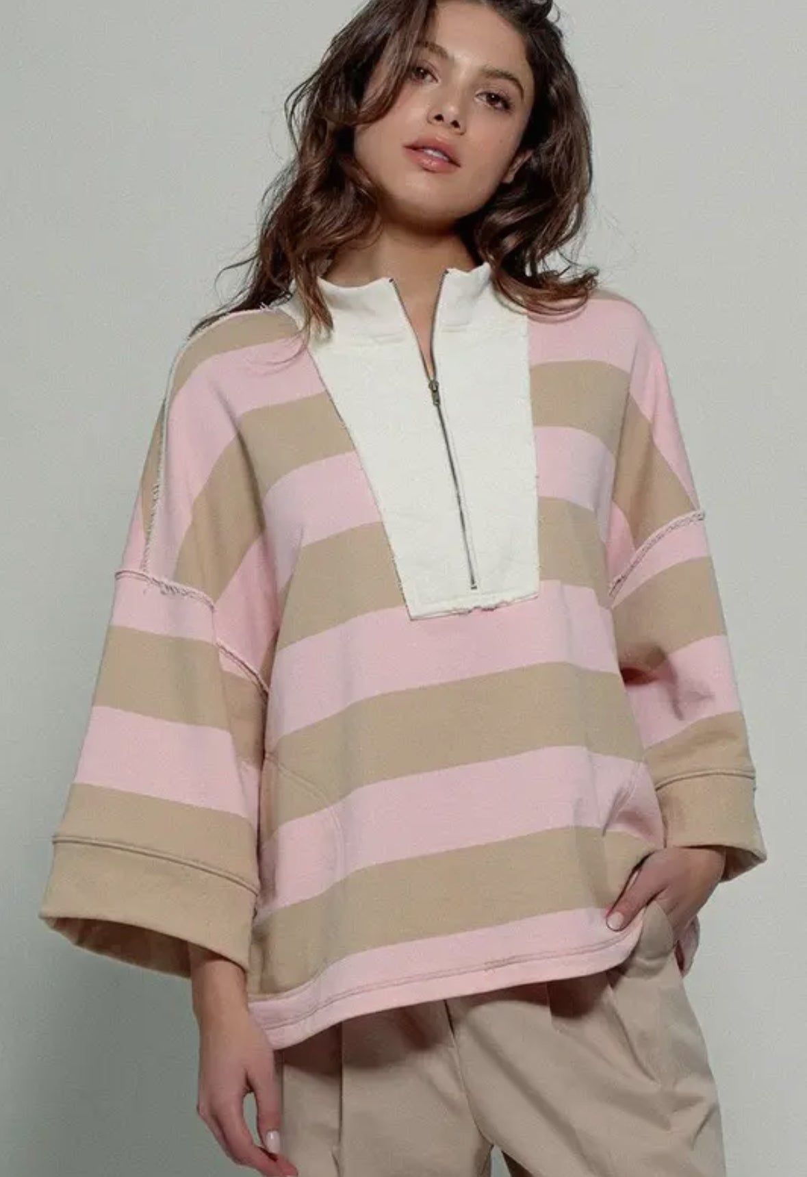 Pink & Brown Stripe Half Zip Pullover