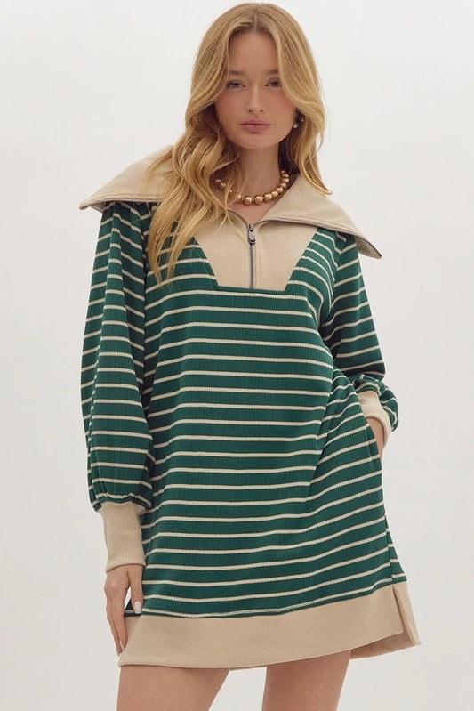 Hunter Green Oversized Collar Zip Dress