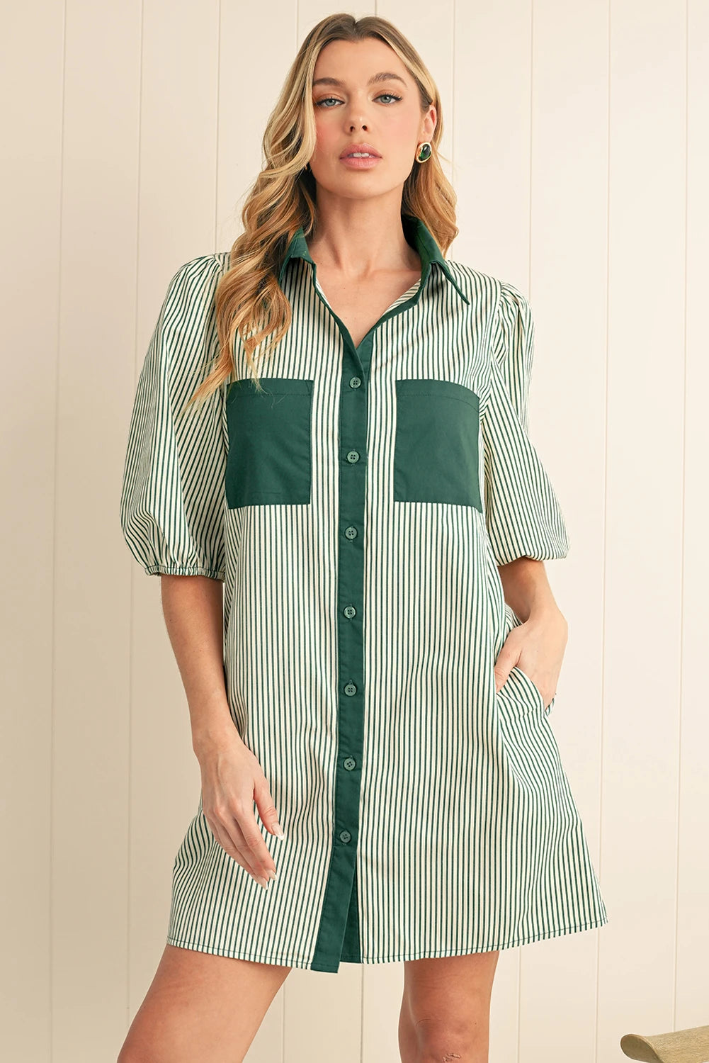 Green Striped Button Down Dress