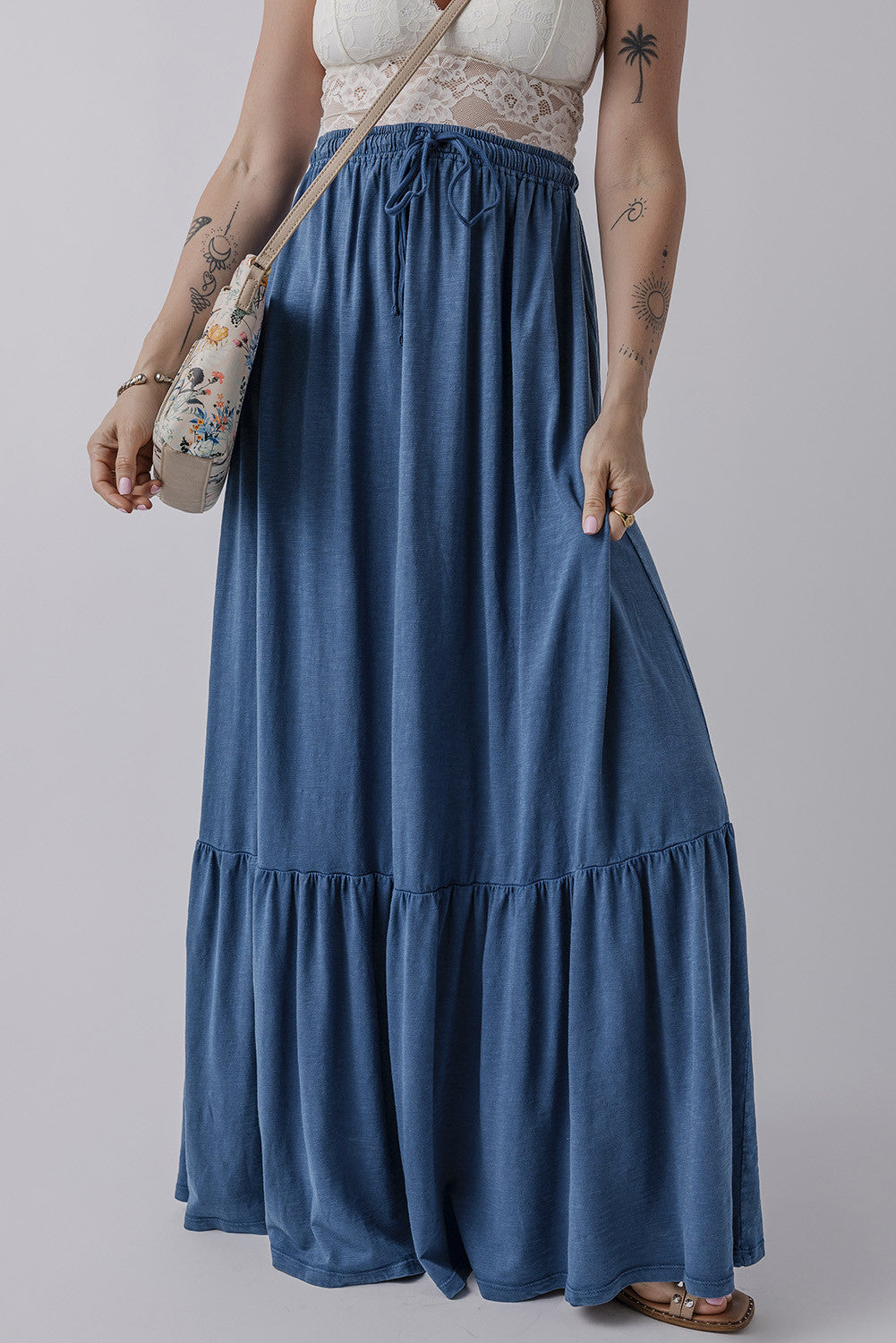 Drawstring Tiered Maxi Skirt