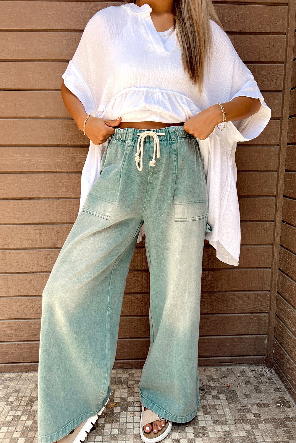 Smoke Green Mineral Wash Drawstring Pants