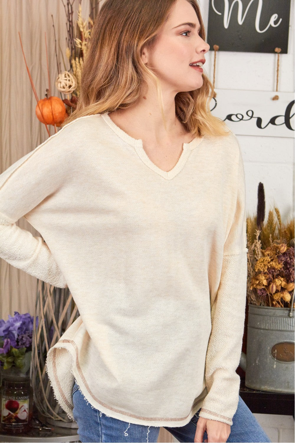 Solid V-Neck Long Sleeve Top