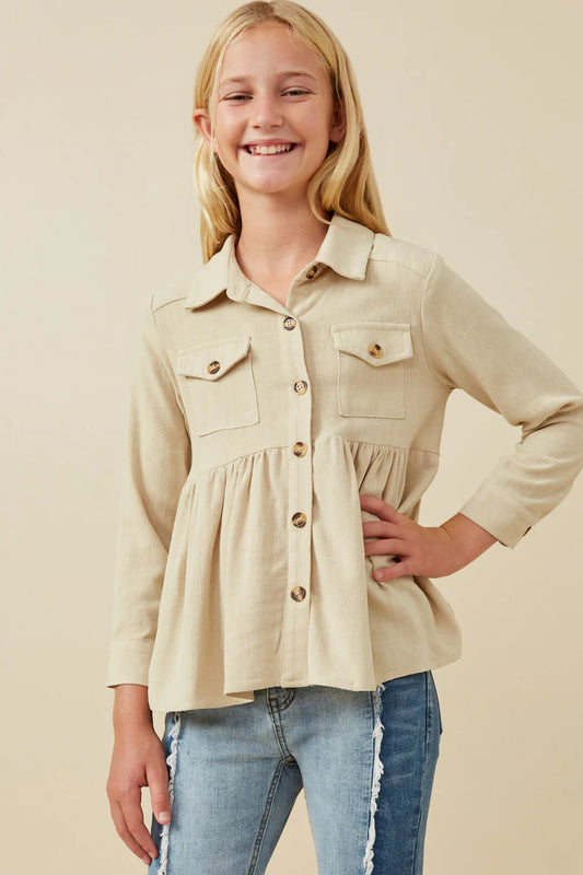 Girls Linen Blend Peplum Button Up Top