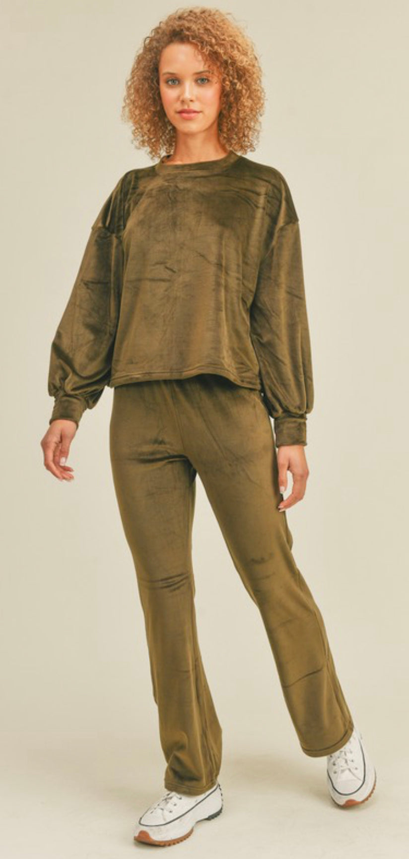 Velour Olive Cropped Long Sleeve Top